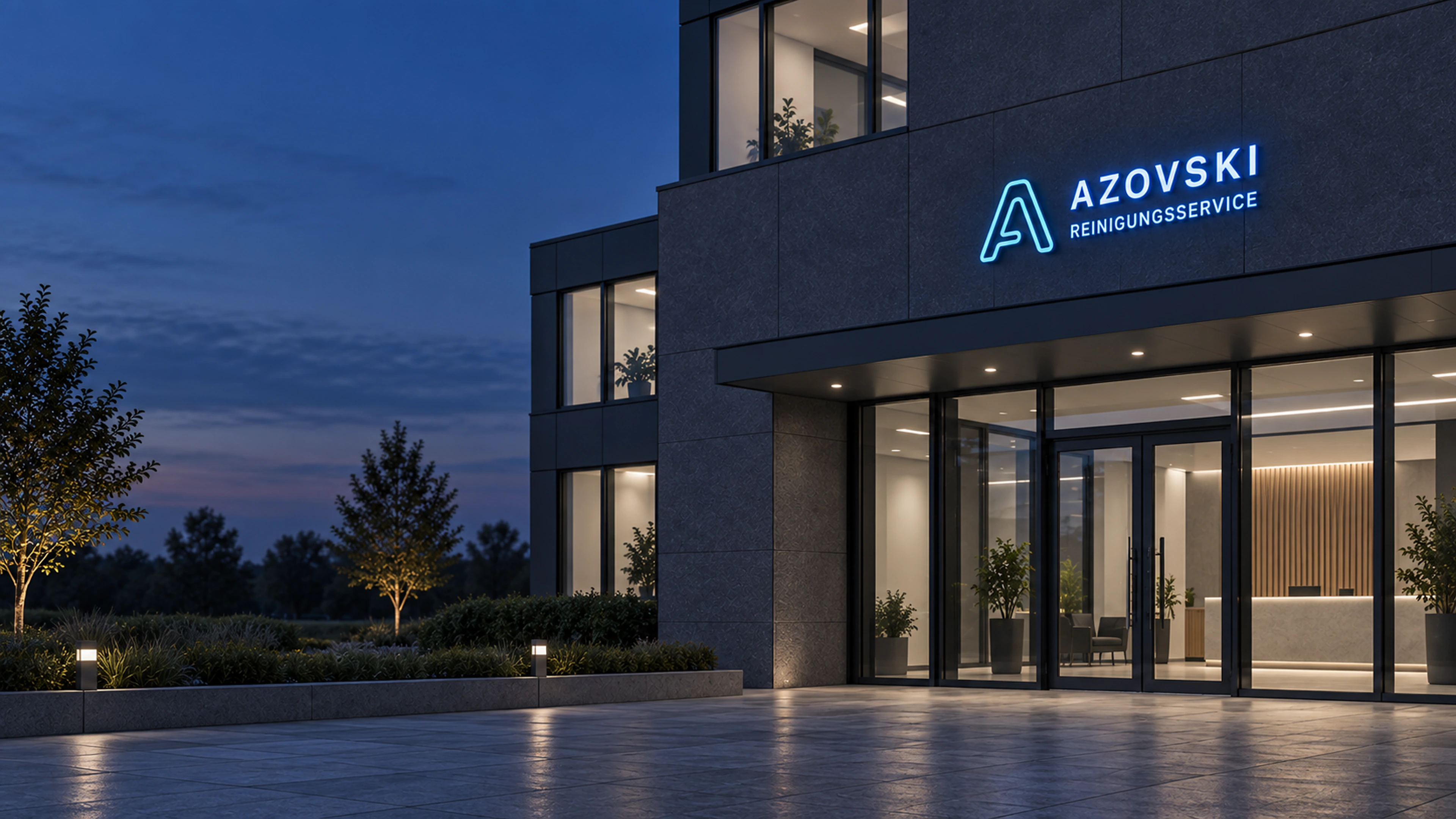 AZOVSKI Markenvisualisierung eines modernen Gebäudeeingangs bei Nacht